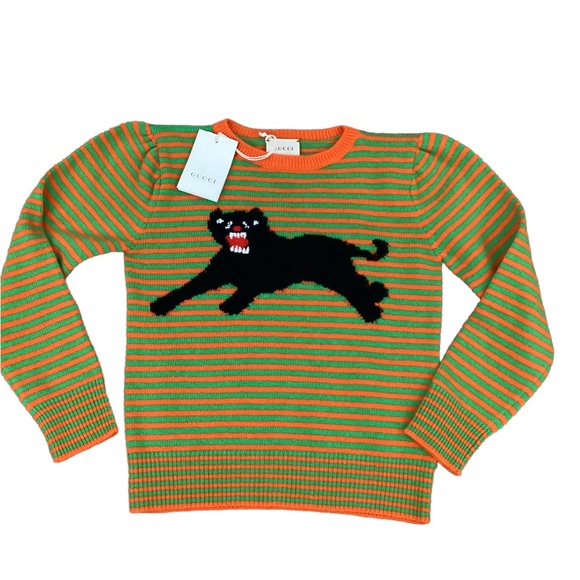 NWT Gucci Striped Wool Tiger Sweater Moss Green/ Orange Size 8 (girls) - Picture 2 of 9